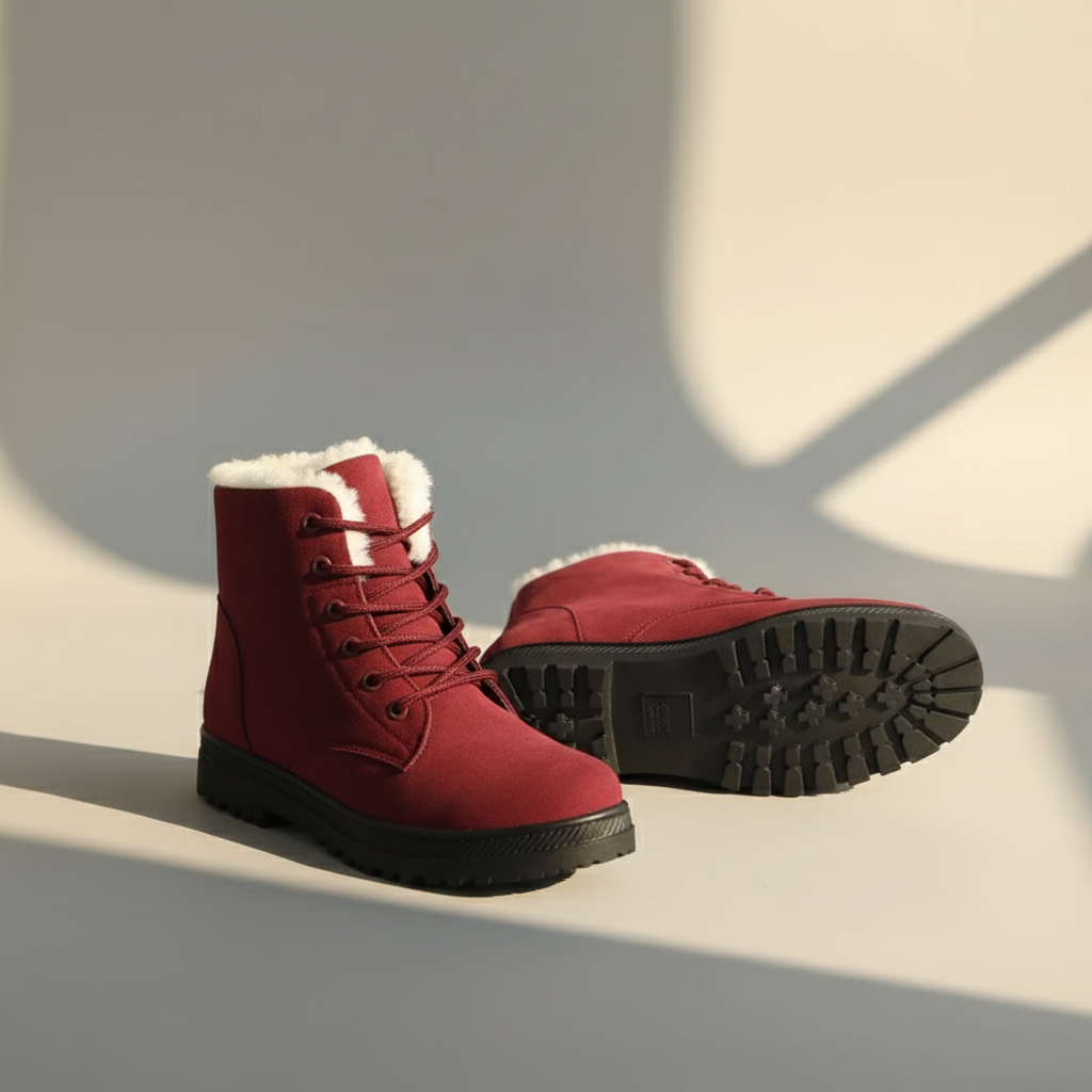 Women’s Lace-Up Boots - Suede Look - Faux Fur Lining - Flat Sole Comfort