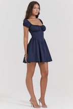 Maya | Nala French Navy Gathered Mini Dress , Dinner or Evening Attire - Dark Blue