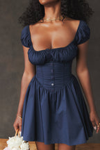 Maya | Nala French Navy Gathered Mini Dress , Dinner or Evening Attire - Dark Blue