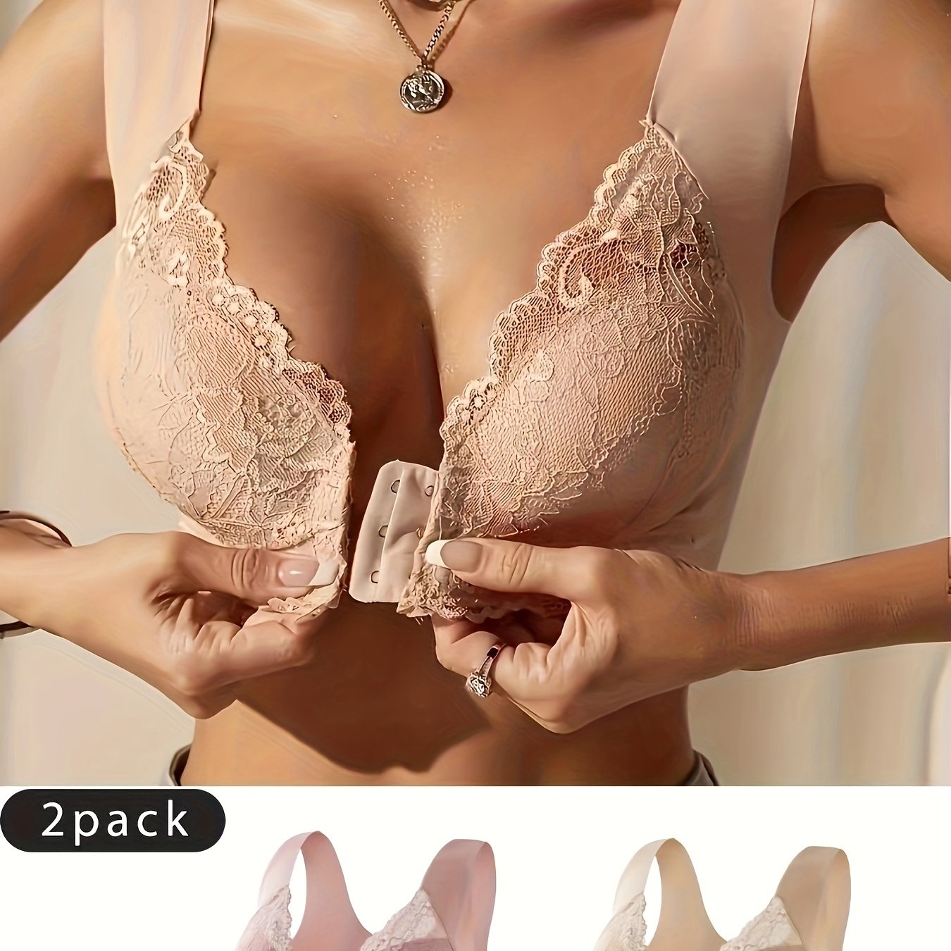 2 Pack Women’s Front Closure Bras with Lace Detail and Wide Straps
