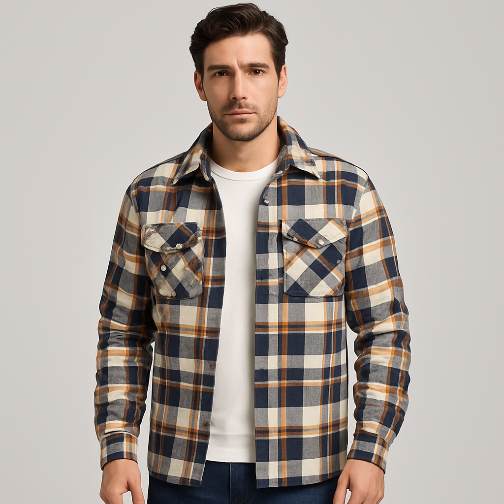 Men's Quilted Flannel Shirt Jacket – Checkered Overshirt with Snap Buttons & Chest Pockets for Fall & Winter