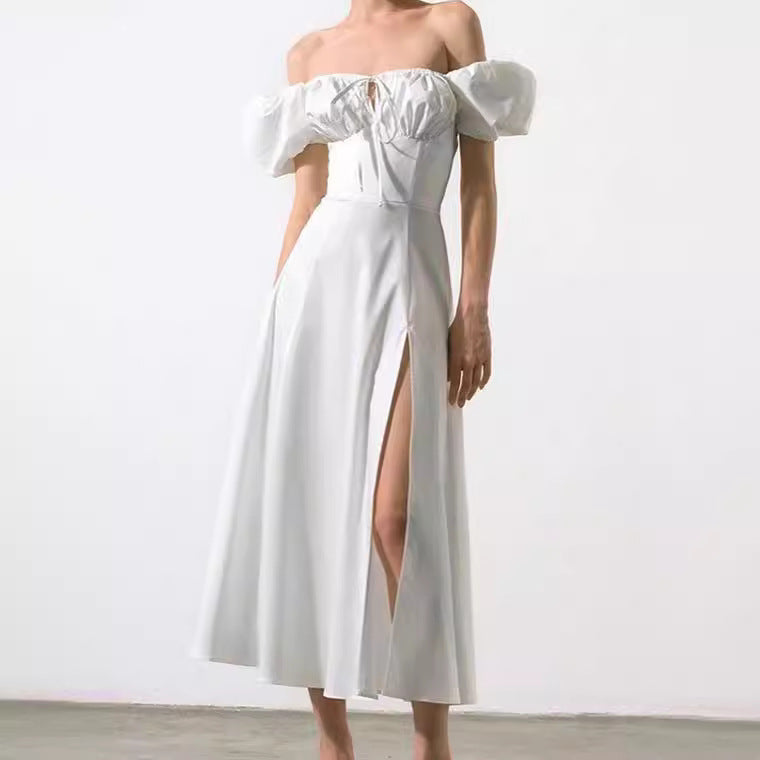 Emma | Lace-up Mid Waist Maxi Dress - Dinner Attire, Puff Sleeve Slit