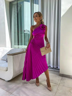 Bella| Elegant One-Shoulder Dress - Shoulder Pleated Design