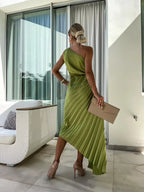 Bella| Elegant One-Shoulder Dress - Shoulder Pleated Design