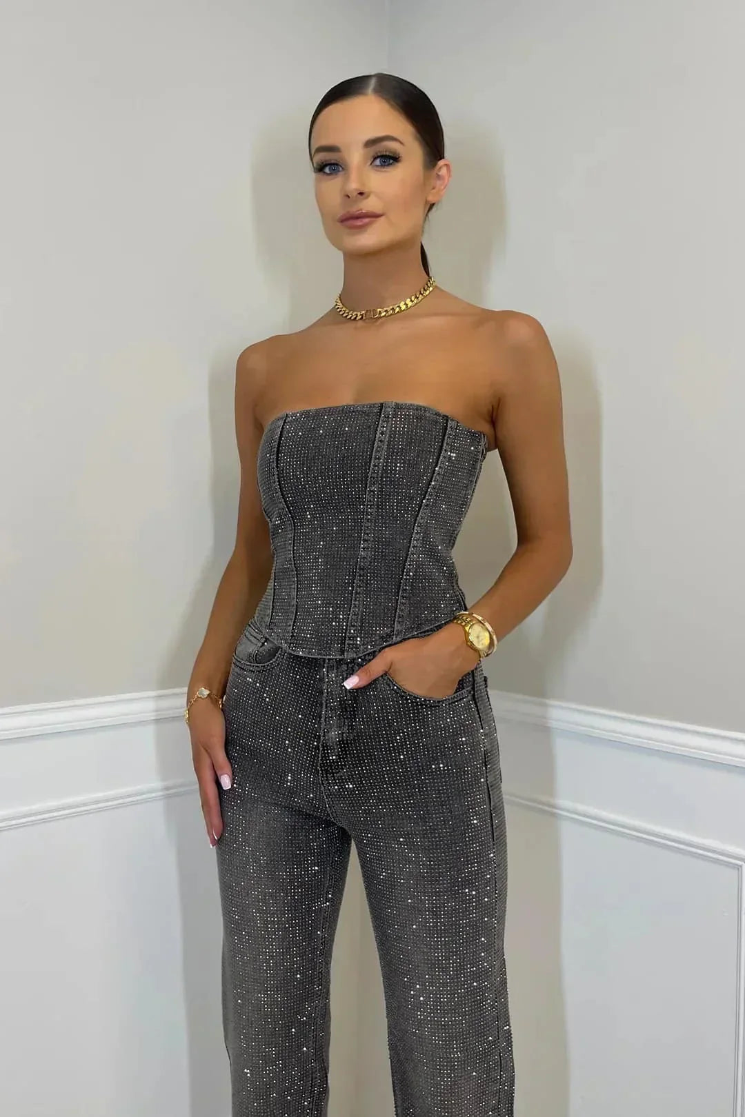 Women’s Glitter High Waist Pants Set – Strapless Evening Outfit