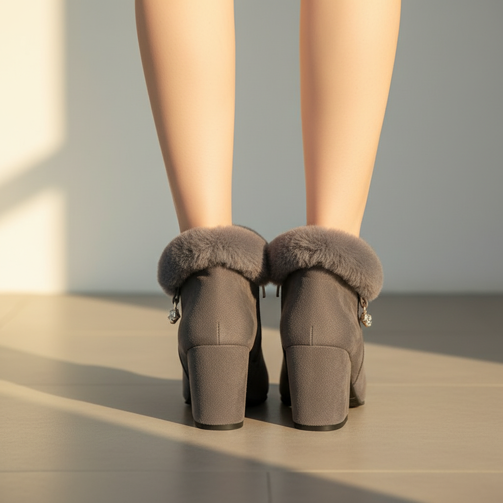 Eva - Stylish Faux Fur-Lined Ankle Boots with Chunky Heel and Tassel Zipper