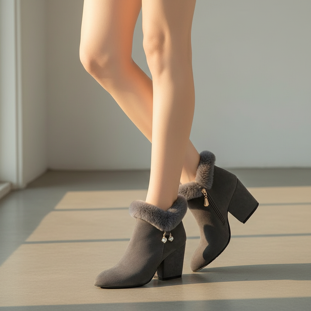 Eva - Stylish Faux Fur-Lined Ankle Boots with Chunky Heel and Tassel Zipper