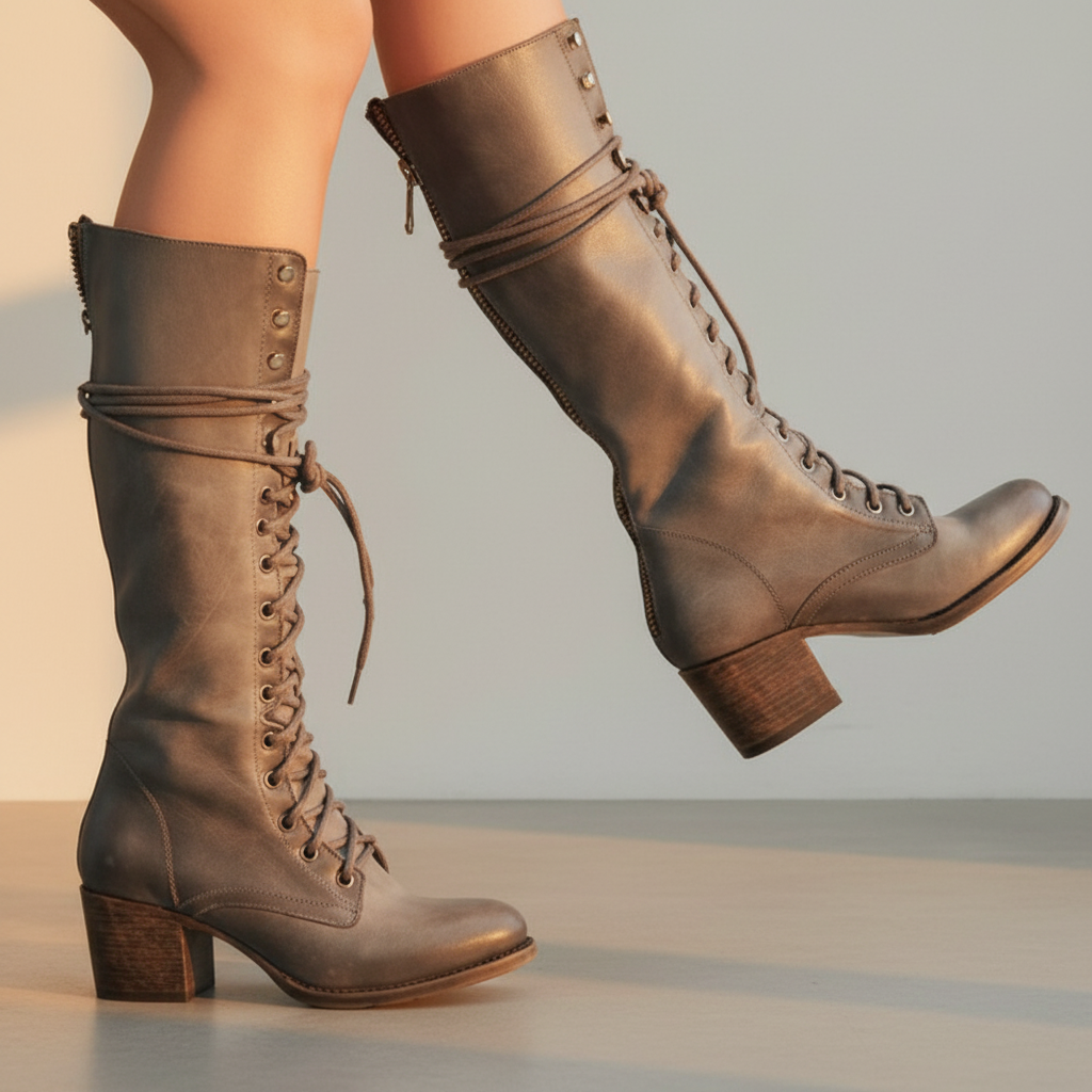 Women’s Lace-Up Knee High Boots with Chunky Heel - Side Zip Closure for Easy Wear and All-Day Comfort
