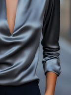 Women's Silver Satin Deep V Neck Blouse for Evening