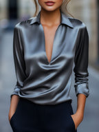 Women's Silver Satin Deep V Neck Blouse for Evening