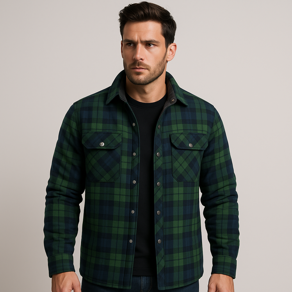 Men's Quilted Flannel Shirt Jacket – Checkered Overshirt with Snap Buttons & Chest Pockets for Fall & Winter