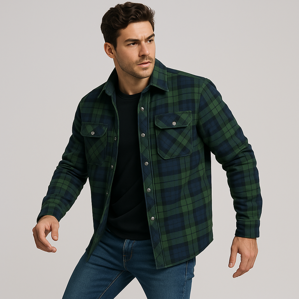 Men's Quilted Flannel Shirt Jacket – Checkered Overshirt with Snap Buttons & Chest Pockets for Fall & Winter