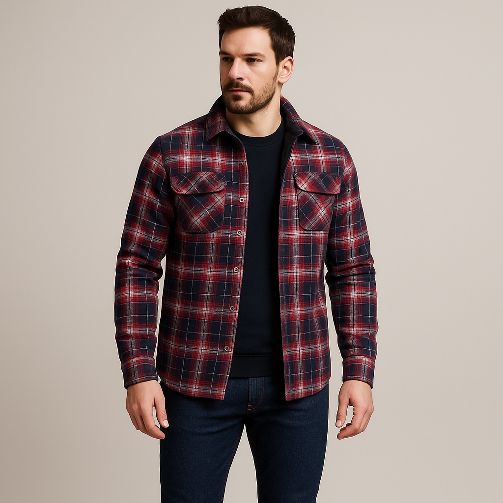 Men's Quilted Flannel Shirt Jacket – Checkered Overshirt with Snap Buttons & Chest Pockets for Fall & Winter