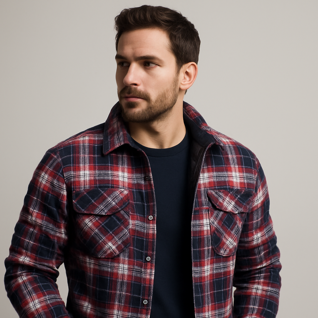 Men's Quilted Flannel Shirt Jacket – Checkered Overshirt with Snap Buttons & Chest Pockets for Fall & Winter
