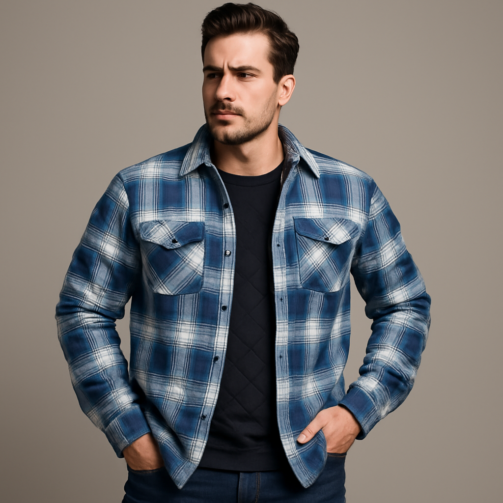 Men's Quilted Flannel Shirt Jacket – Checkered Overshirt with Snap Buttons & Chest Pockets for Fall & Winter