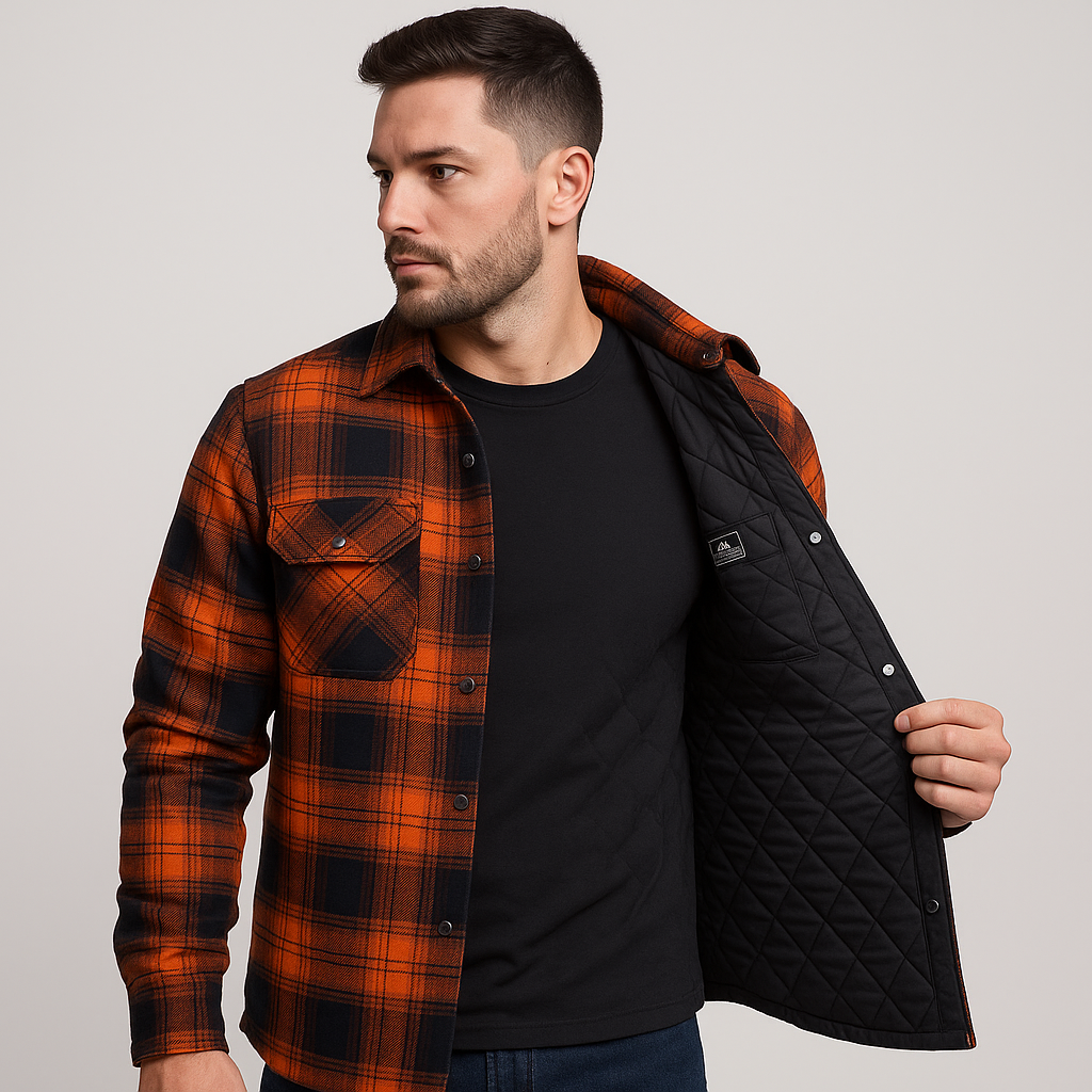Men's Quilted Flannel Shirt Jacket – Checkered Overshirt with Snap Buttons & Chest Pockets for Fall & Winter