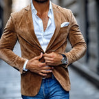 Men’s Tailored Two Button Blazer –  Faux Suede Slim Fit Smart Casual Jacket – Classic Structured Design