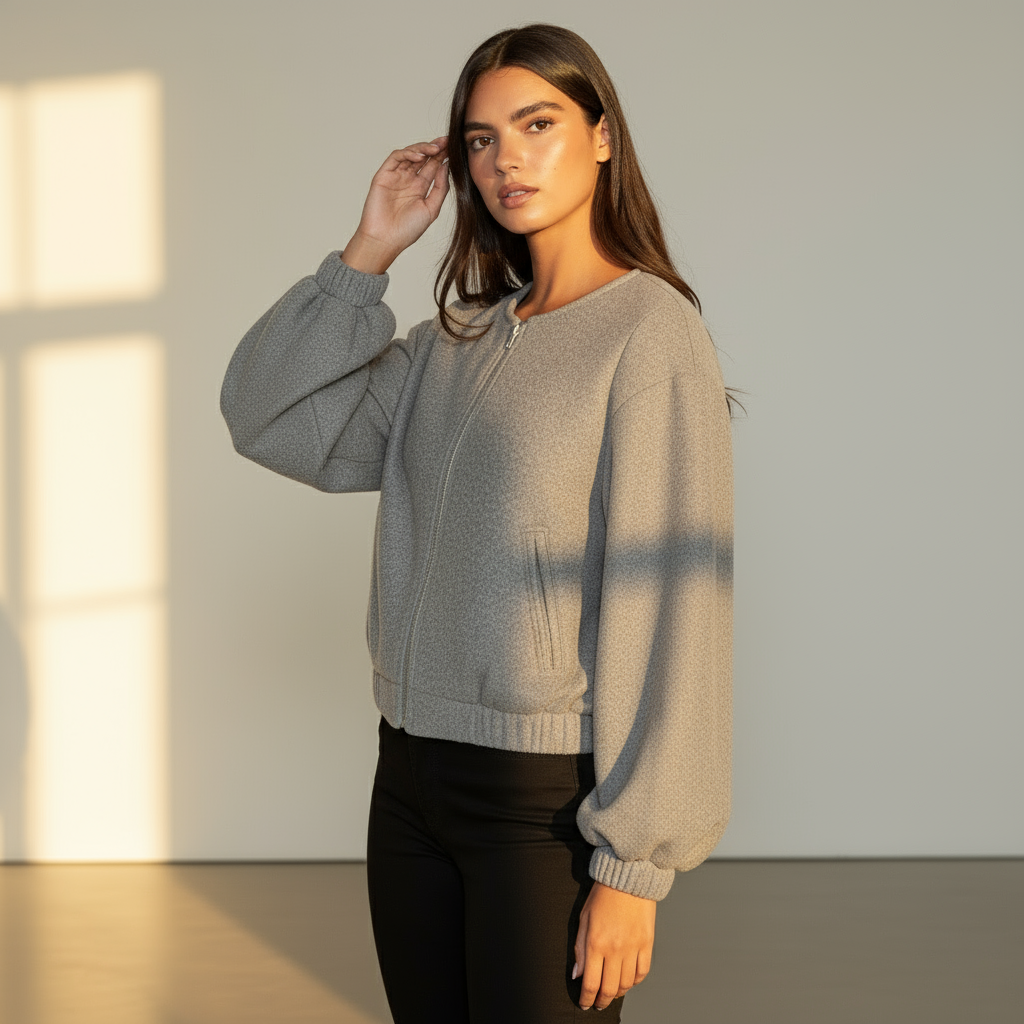 Women’s Cropped Bomber Jacket – Long Sleeve Zip Front Short Coat