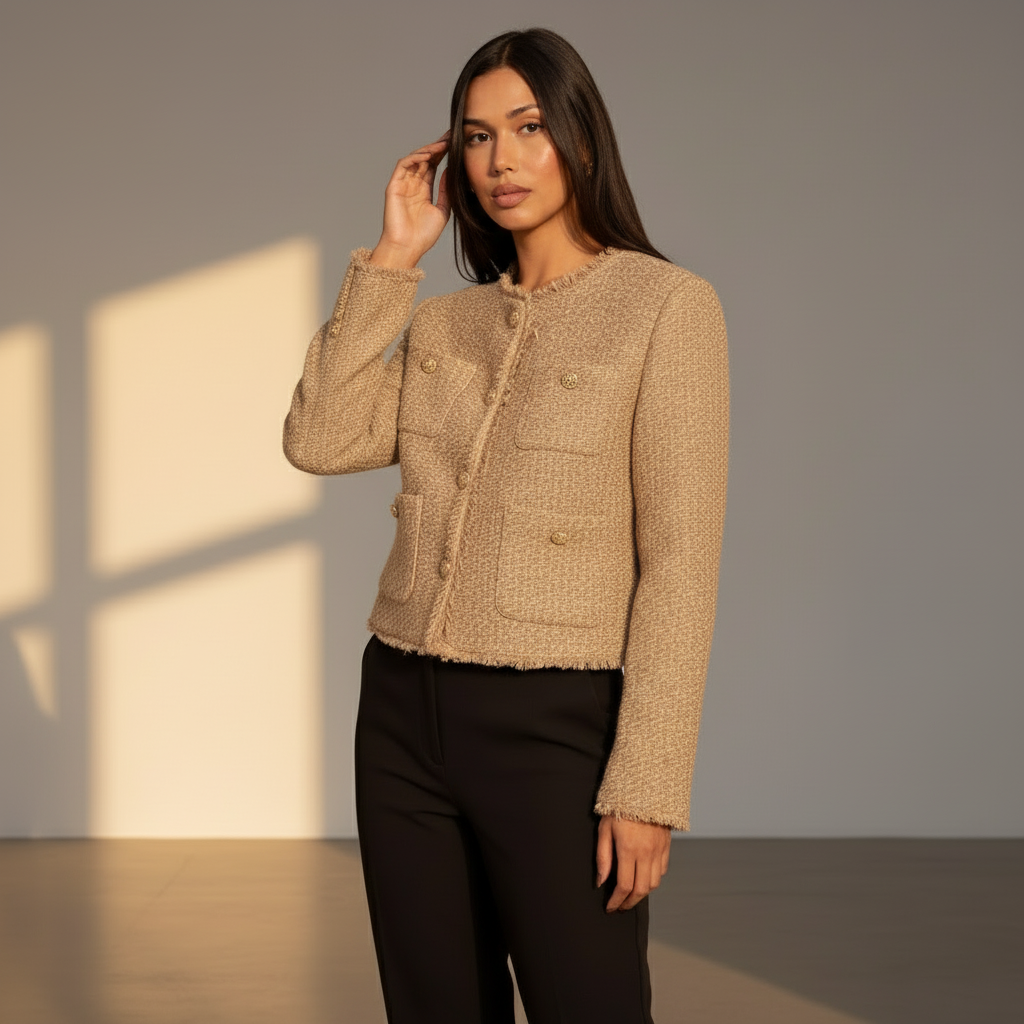 Women’s Cropped Tweed Jacket – Long Sleeve Elegant Short Coat Style