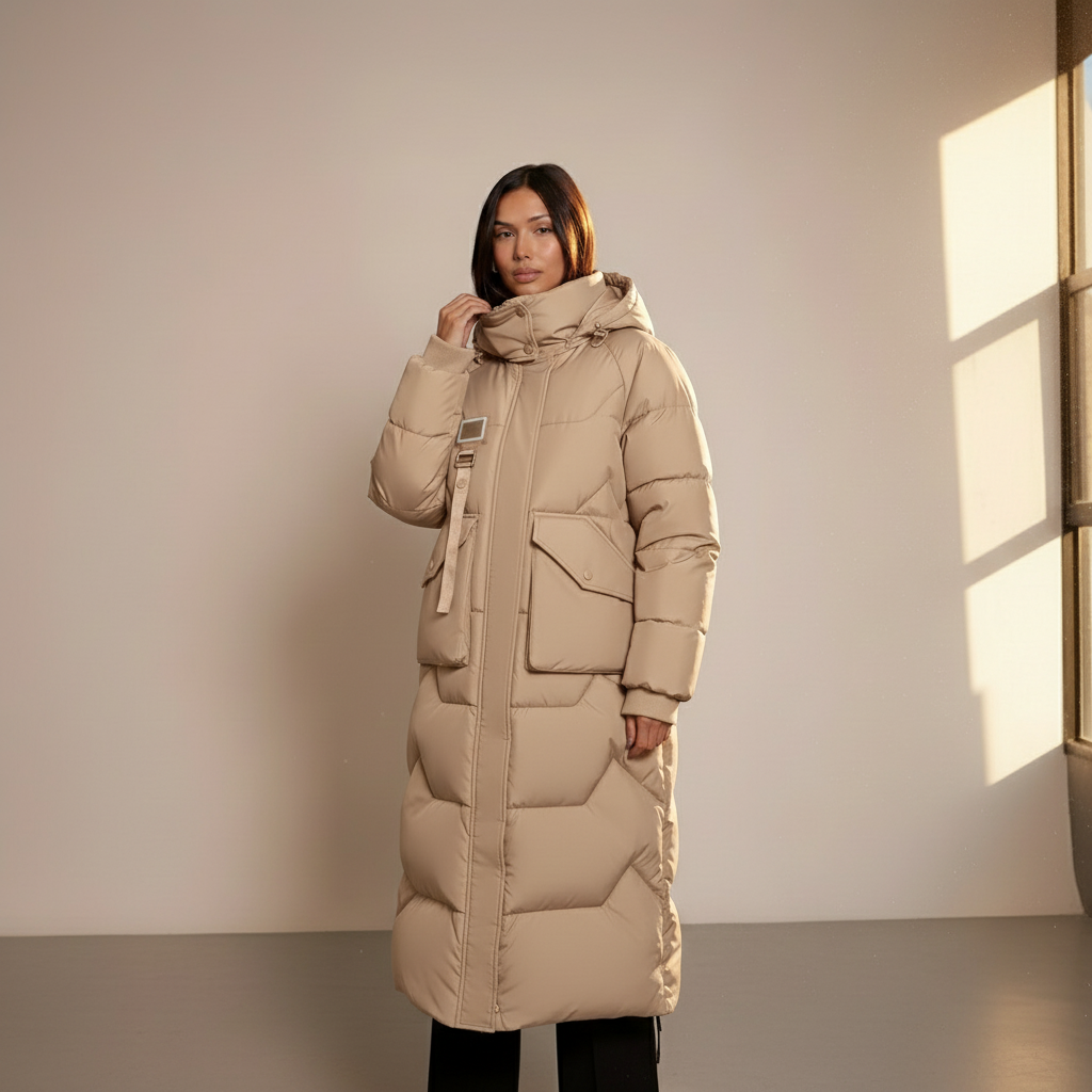Julia Long Hooded Puffer Jacket - Quilted Padded Winter Coat for Women