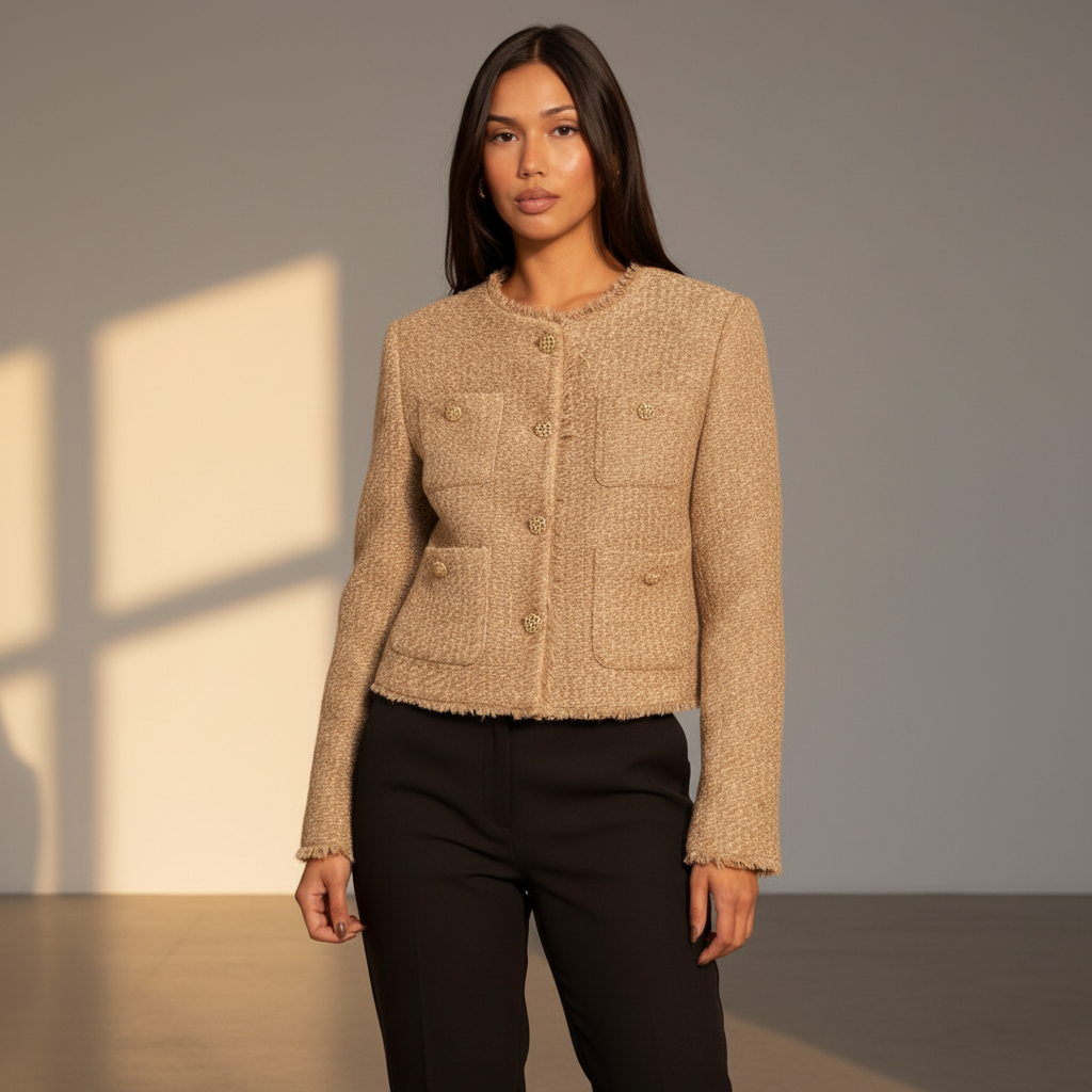 Women’s Cropped Tweed Jacket – Long Sleeve Elegant Short Coat Style