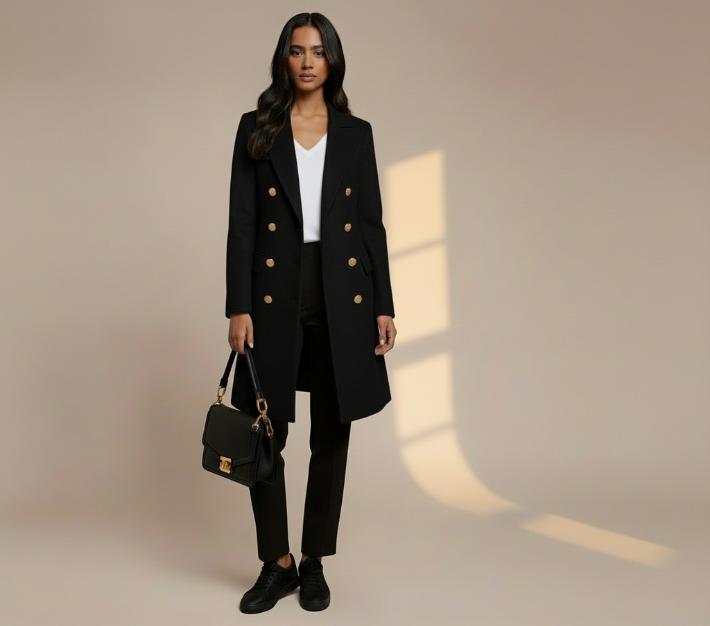 Women’s Long Double-Breasted Coat with Decorative Metallic Buttons – Tailored Elegant Overcoat