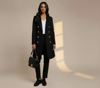 Women’s Long Double-Breasted Coat with Decorative Metallic Buttons – Tailored Elegant Overcoat