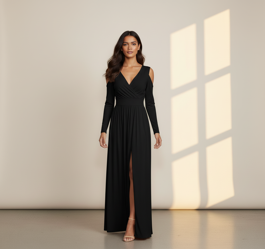 Women's Long Sleeve Wrap Maxi Dress with Front Slit - Elegant Evening & Party Gown