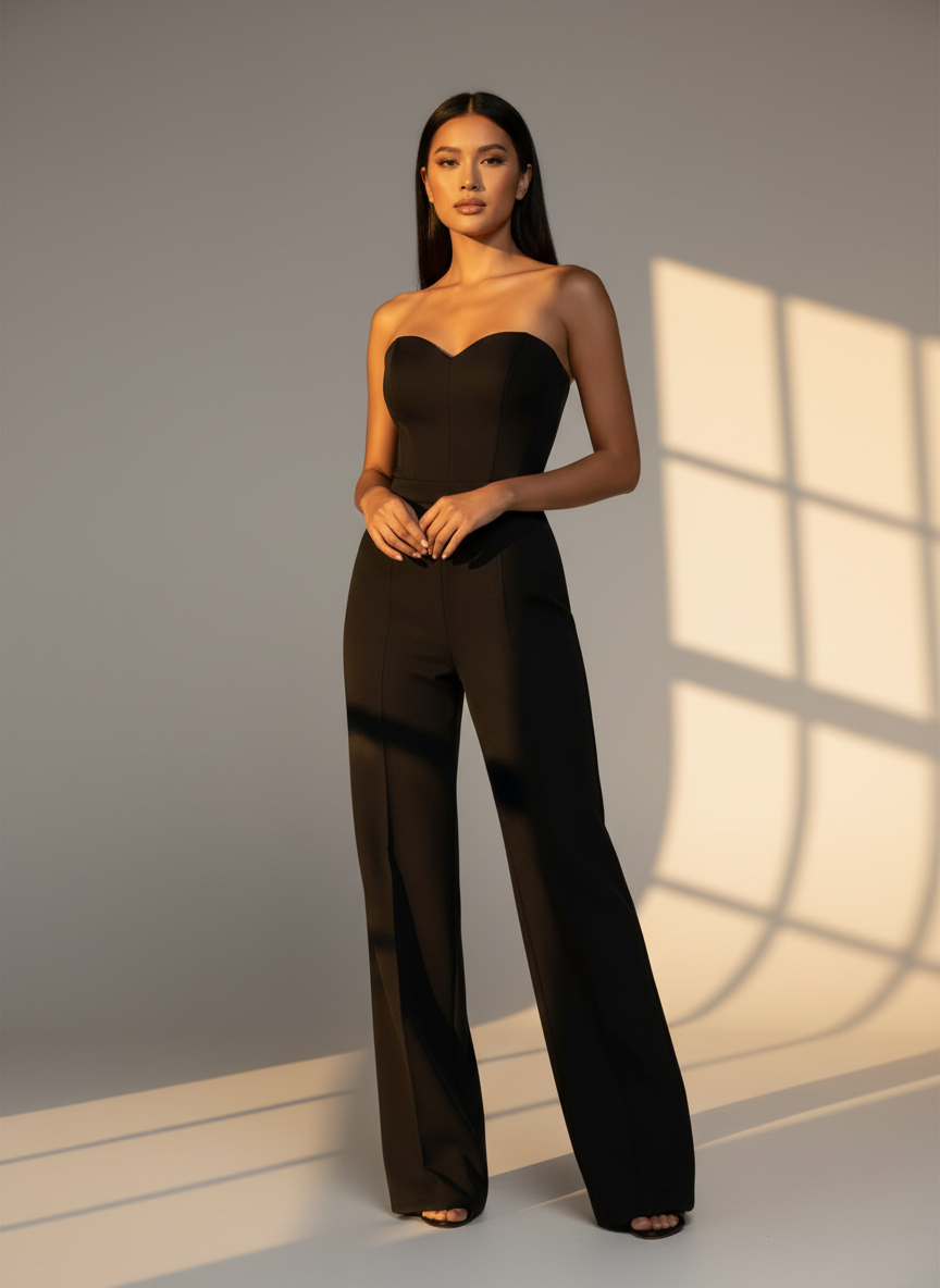 Women's Strapless Jumpsuit with Fitted Bodice and Flared-Leg Pants - Elegant Formal & Evening Wear