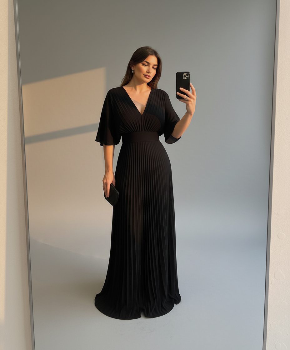 Women’s Elegant Pleated Maxi Dress with Wide Sleeves - Flowy Long Dress for Formal & Casual Occasions