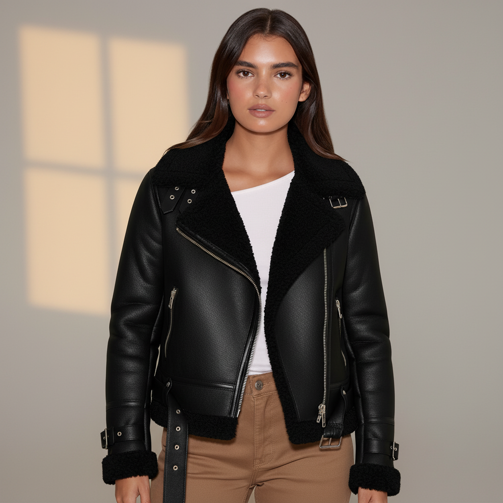Women’s Faux Leather Jacket with Belted Hem - PU Suede Biker Coat with Zipper Closure and Shearling Lining