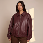 Women’s Faux Leather Jacket with Zipper Front - PU Moto Jacket with Classic Lapel Collar