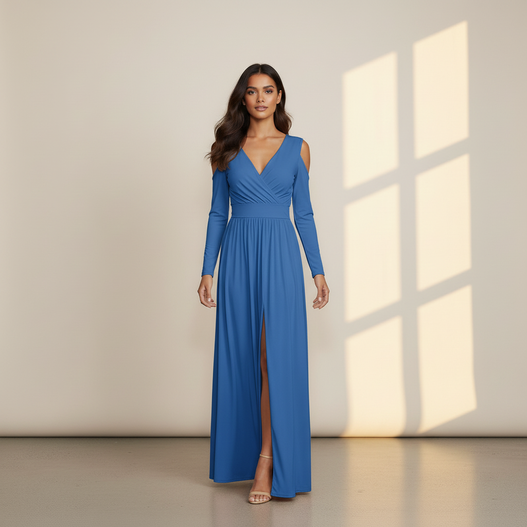 Women's Long Sleeve Wrap Maxi Dress with Front Slit - Elegant Evening & Party Gown