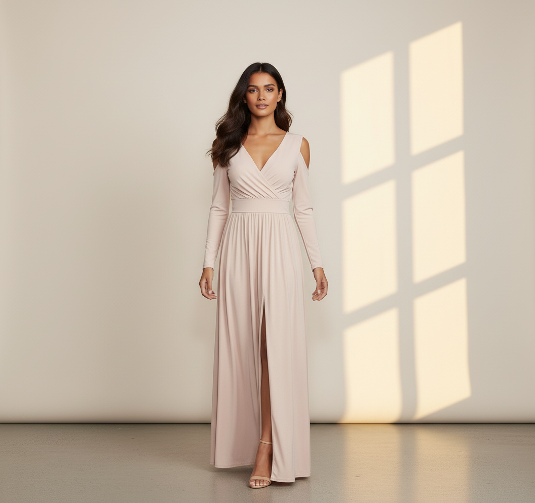 Women's Long Sleeve Wrap Maxi Dress with Front Slit - Elegant Evening & Party Gown
