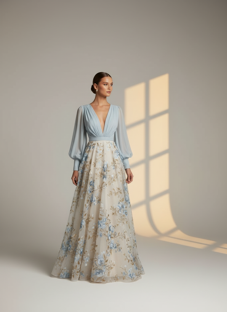 Women's Elegant V-Neck Floral Maxi Dress with Long Sleeves - Romantic Evening & Wedding Guest Dress