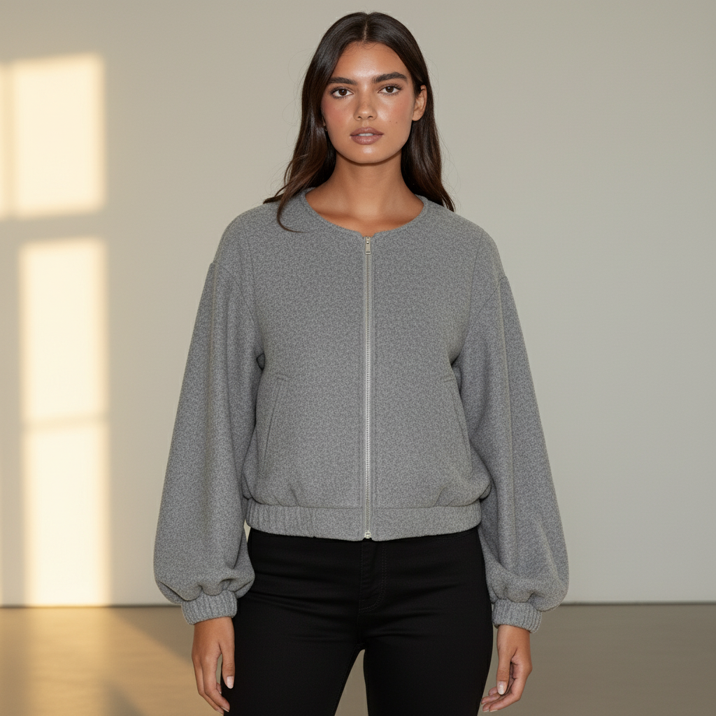 Women’s Cropped Bomber Jacket – Long Sleeve Zip Front Short Coat