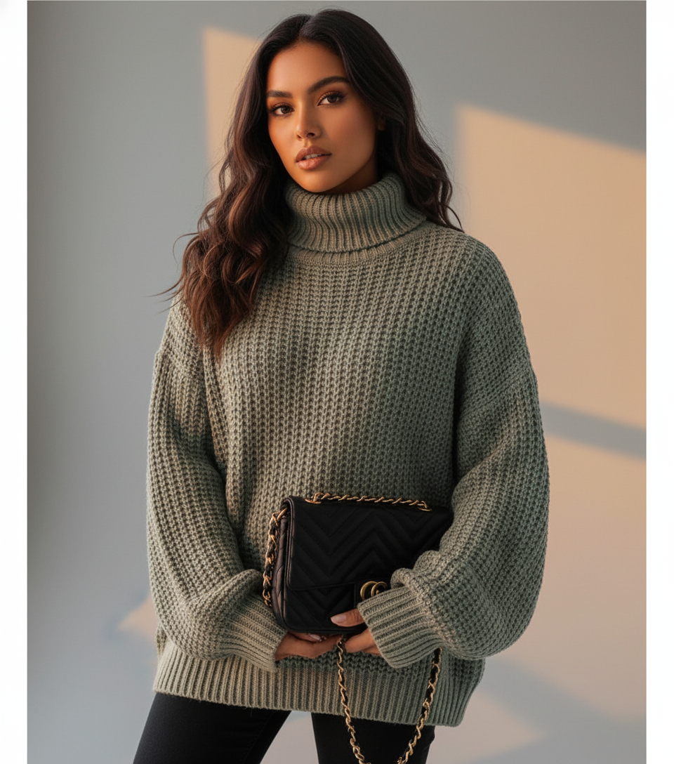 Women’s Knit Turtleneck Jumper - Thick Chunky Pullover with Relaxed Fit for Cozy Winter Style
