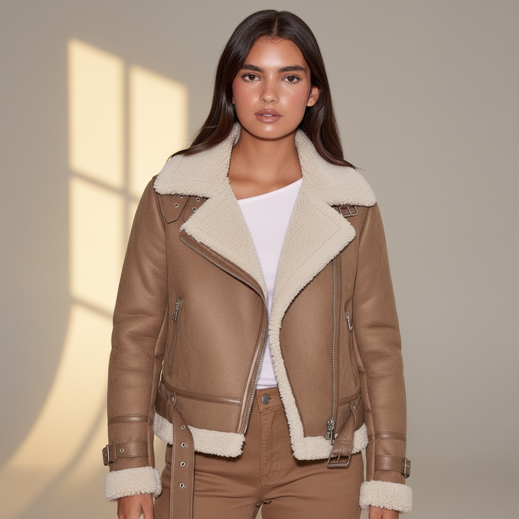 Women’s Faux Leather Jacket with Belted Hem - PU Suede Biker Coat with Zipper Closure and Shearling Lining