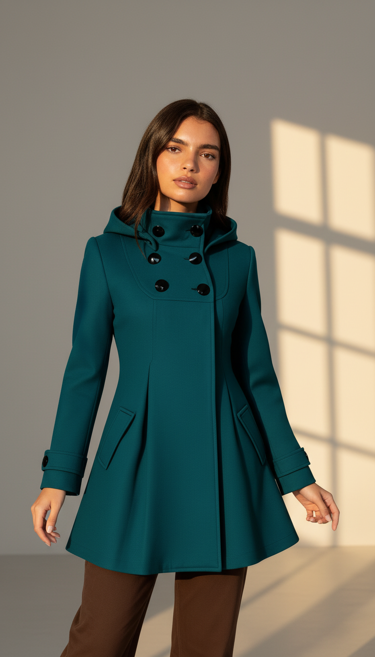 Women's Hooded A-Line Winter Coat - Double-Breasted Trench Style with Flared Silhouette