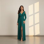 Women's Long Sleeve Wrap Maxi Dress with Front Slit - Elegant Evening & Party Gown
