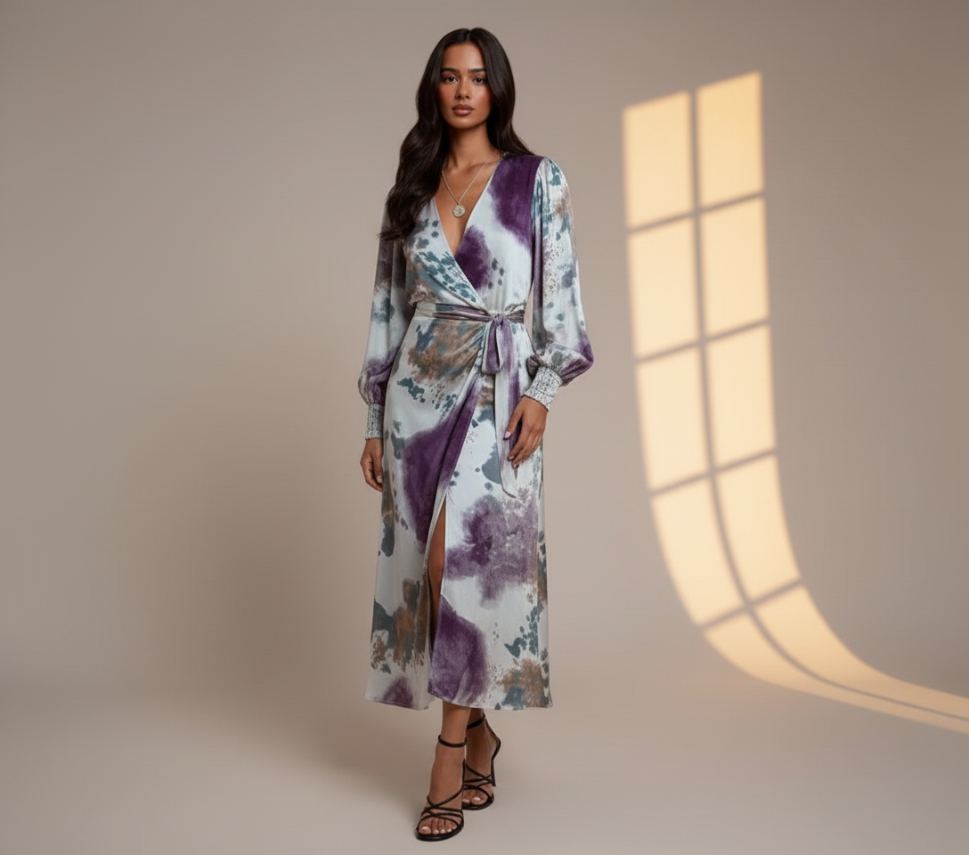 Women's Tie-Dye Satin Wrap Maxi Dress with Waist Tie - Boho Elegant Evening & Party Dress