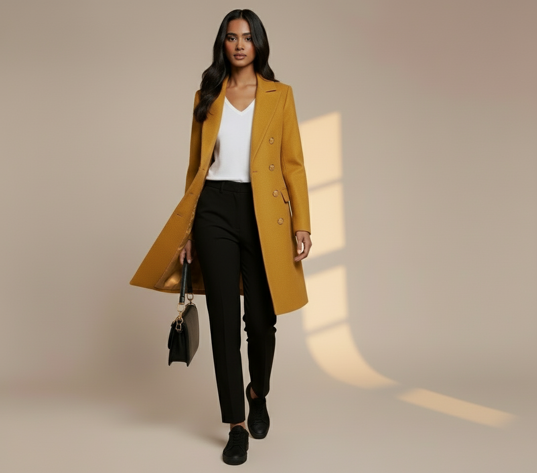 Women’s Long Double-Breasted Coat with Decorative Metallic Buttons – Tailored Elegant Overcoat