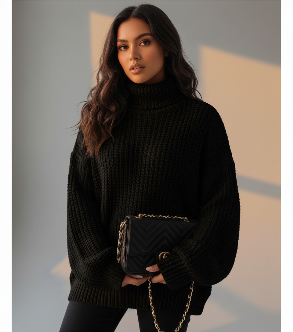 Women’s Knit Turtleneck Jumper - Thick Chunky Pullover with Relaxed Fit for Cozy Winter Style