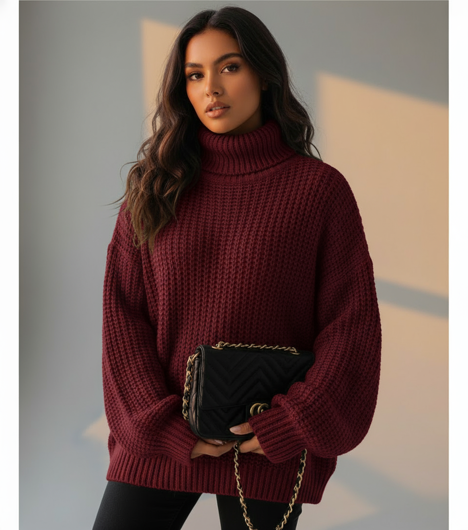 Women’s Knit Turtleneck Jumper - Thick Chunky Pullover with Relaxed Fit for Cozy Winter Style