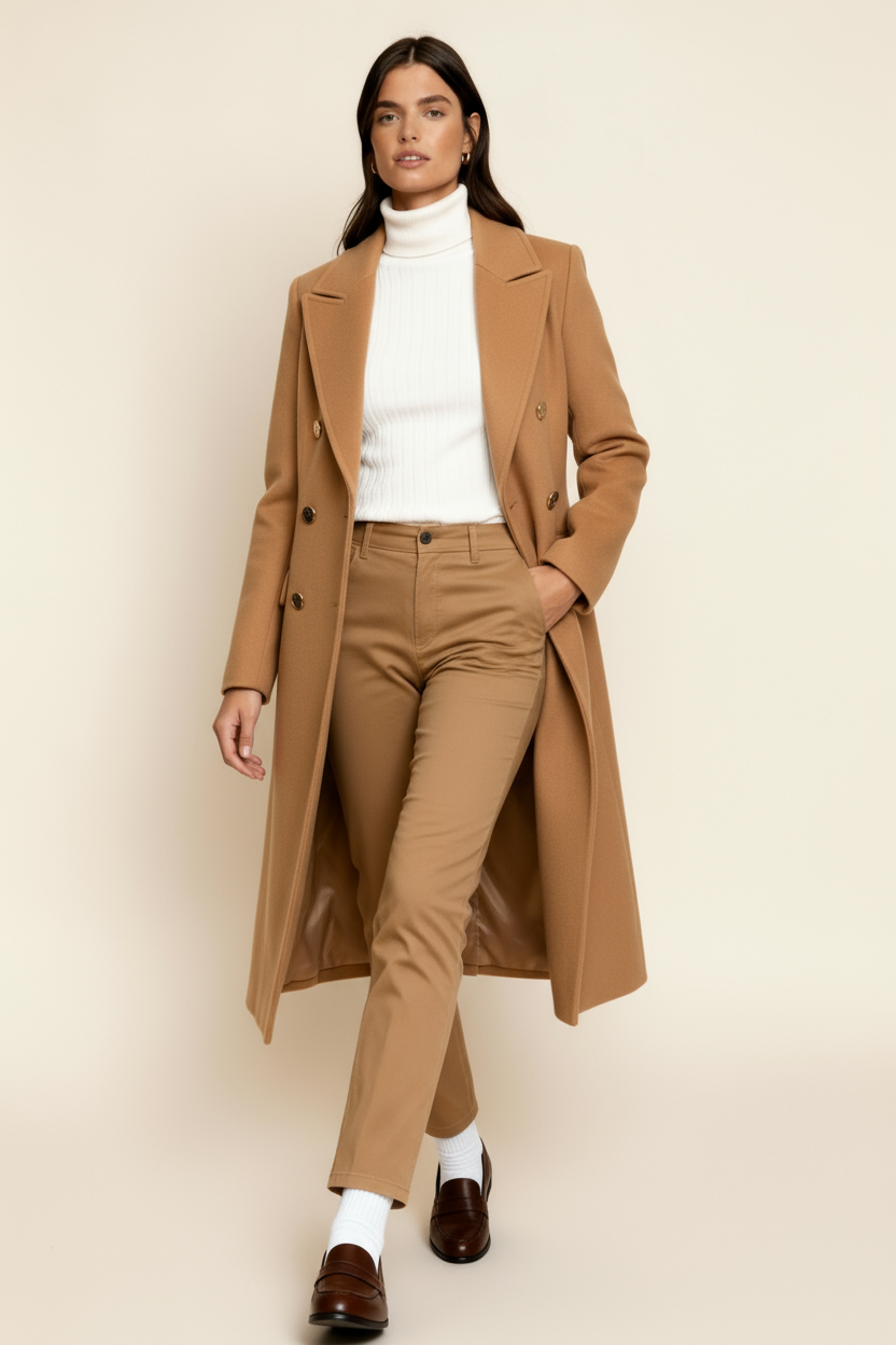 Women’s Wool Blend Overcoat – Double-Breasted Long Coat - Tailored with Classic Lapel
