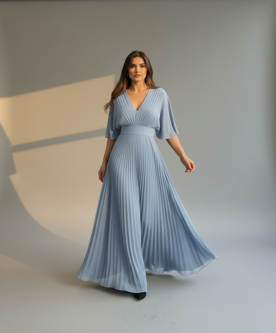 Women’s Elegant Pleated Maxi Dress with Wide Sleeves - Flowy Long Dress for Formal & Casual Occasions