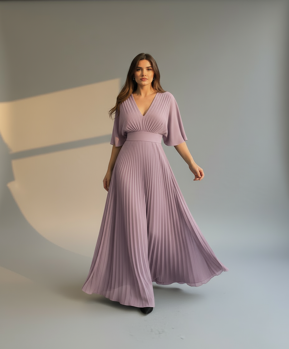 Women’s Elegant Pleated Maxi Dress with Wide Sleeves - Flowy Long Dress for Formal & Casual Occasions