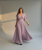 Women’s Elegant Pleated Maxi Dress with Wide Sleeves - Flowy Long Dress for Formal & Casual Occasions