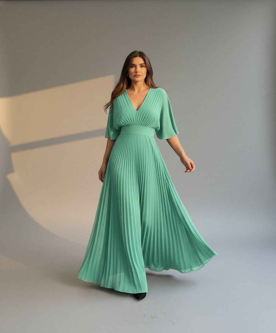 Women’s Elegant Pleated Maxi Dress with Wide Sleeves - Flowy Long Dress for Formal & Casual Occasions