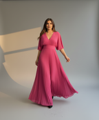 Women’s Elegant Pleated Maxi Dress with Wide Sleeves - Flowy Long Dress for Formal & Casual Occasions